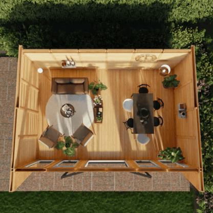Top-down view of a wooden outdoor kitchen with various appliances and furniture.
