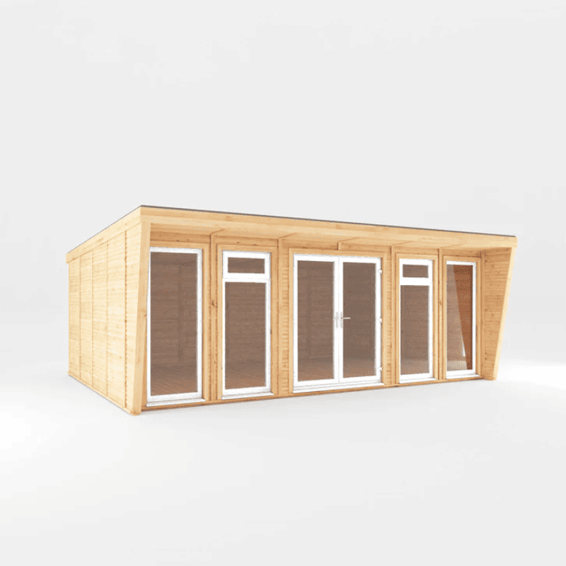 Wooden cabin with glass doors and windows on a white background