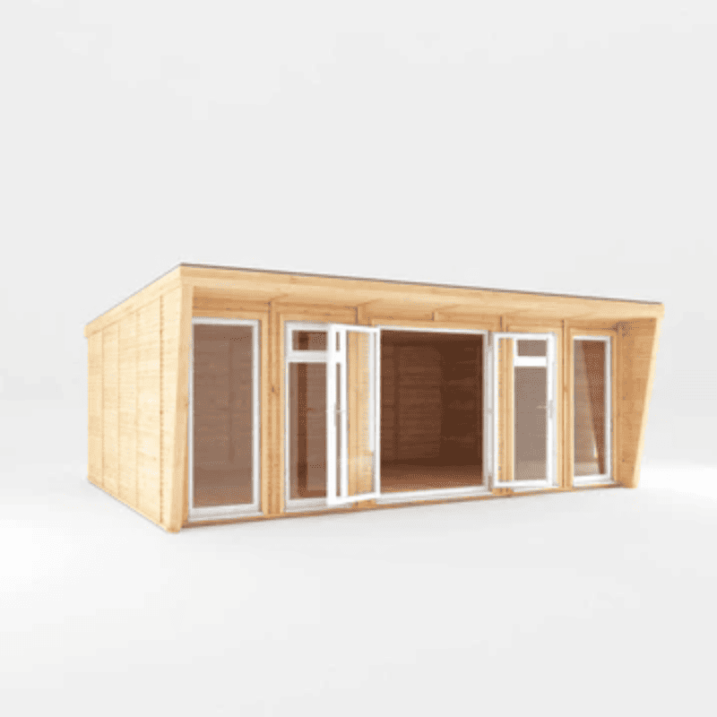 Wooden cabin with large windows on a white background