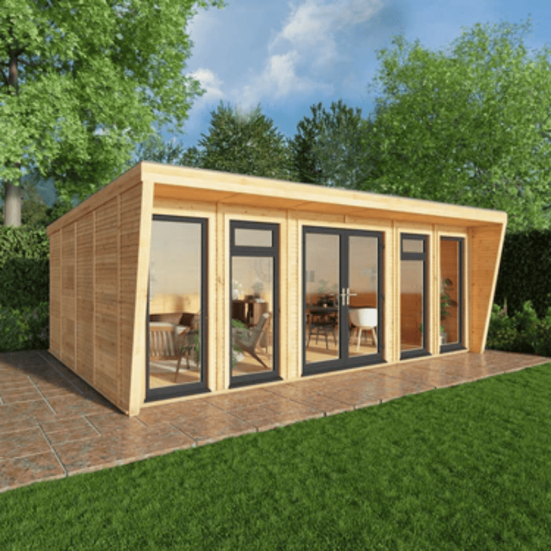 Wooden garden office with glass doors and windows, surrounded by greenery.