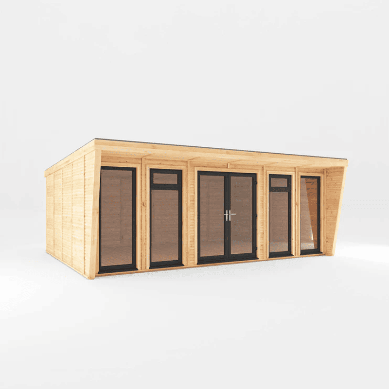 Wooden cabin with glass doors and windows on a white background