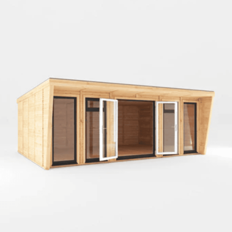 Wooden cabin with glass doors and windows on a white background