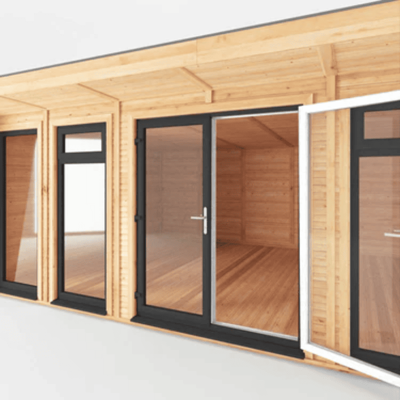 Wooden cabin with glass doors and windows on a white background