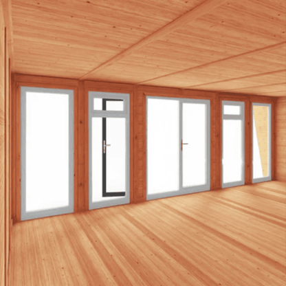 Wooden cabin interior with large windows