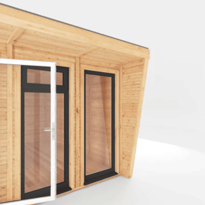 Wooden cabin with glass doors on a white background