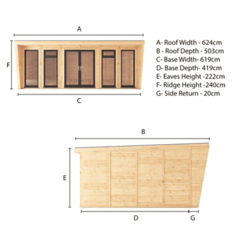 Dimensions of a wooden shed with labeled parts on a white background
