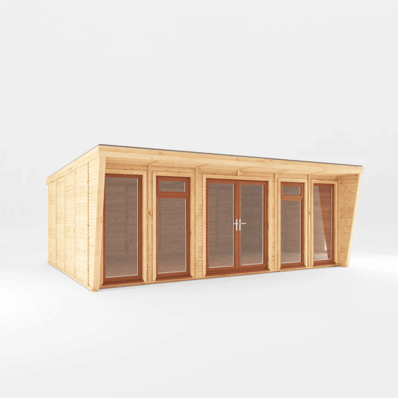 Wooden cabin with glass doors and windows on a white background
