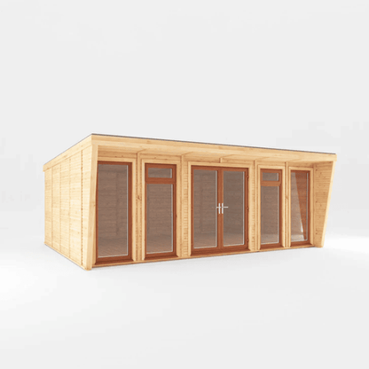 Wooden cabin with glass doors and windows on a white background
