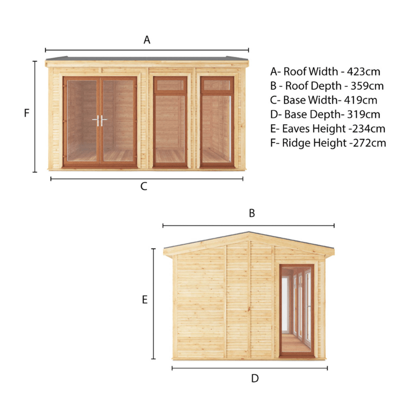 Measurement chart of a wooden shed with dimensions labeled