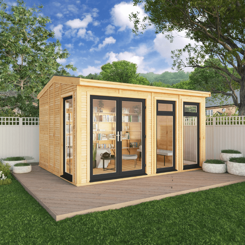 Wooden garden office with glass doors in a backyard setting