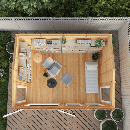 Top-down view of a modern outdoor living space with wooden deck, furniture, and plants.