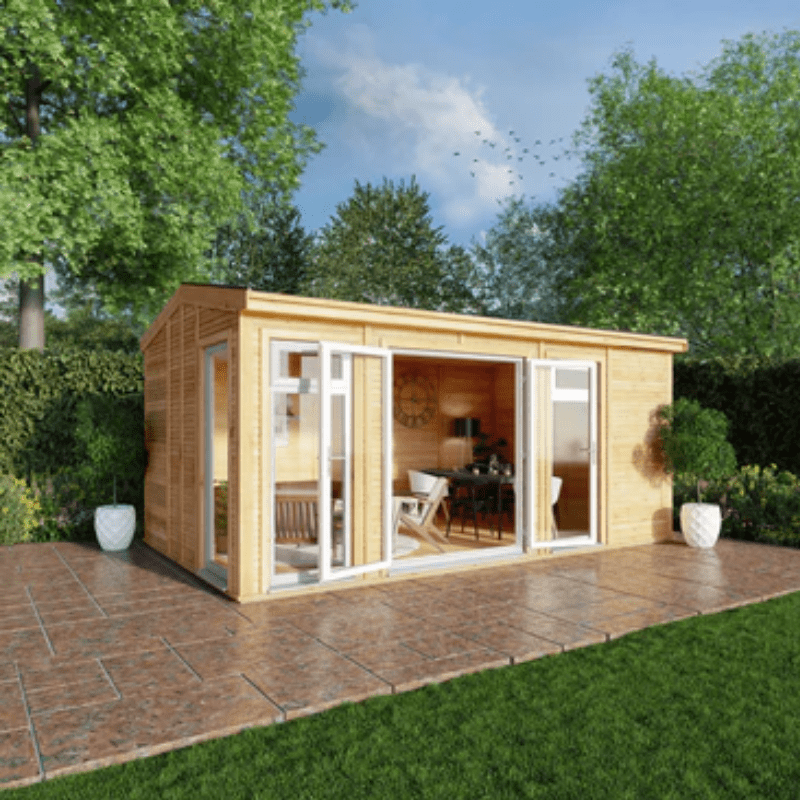 Wooden garden office with glass doors in a garden setting