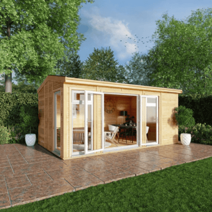 Wooden garden office with glass doors in a garden setting