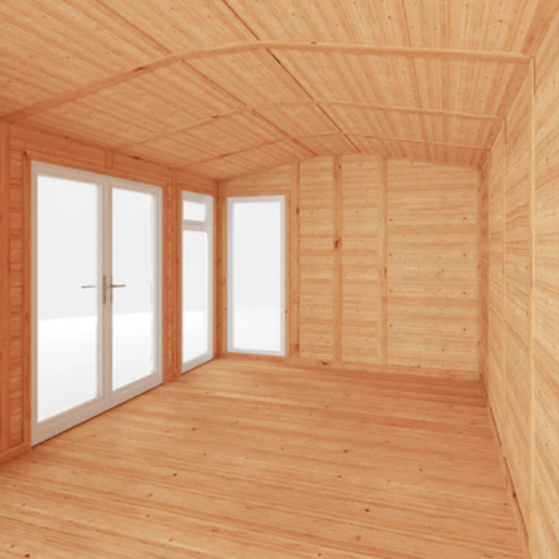 Wooden cabin interior with large windows