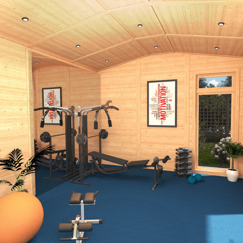 Home gym with exercise equipment in a wooden cabin-style room.