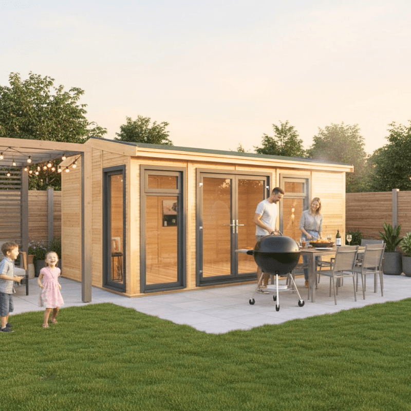 Family enjoying outdoor activities in a backyard with a wooden shed and garden furniture.