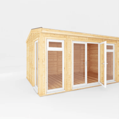 Wooden cabin with glass doors and windows on a white background