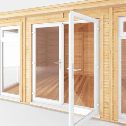 Wooden cabin with glass doors and windows on a white background