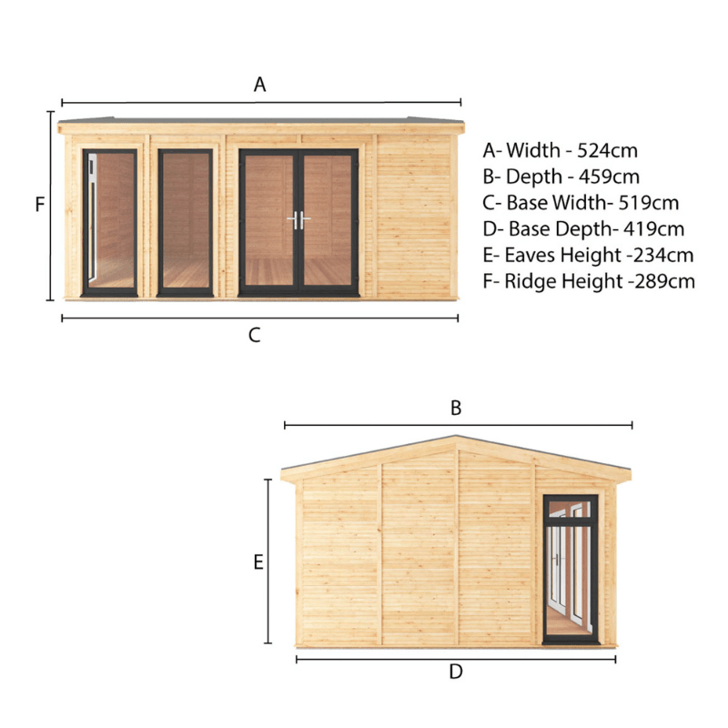Dimensions of a wooden shed with labeled parts and measurements.