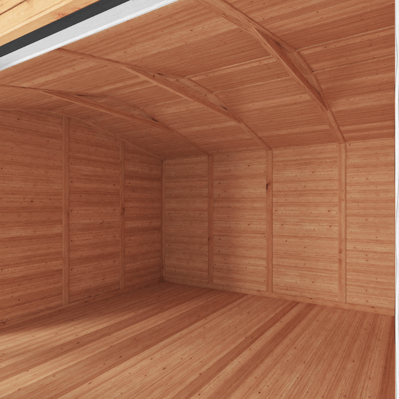 Wooden shed interior with a curved roof