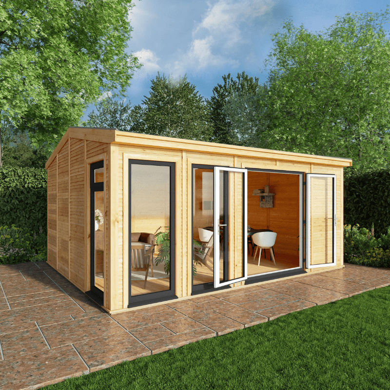 Wooden garden office with large glass windows in a garden setting
