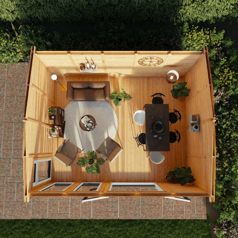 Top-down view of a wooden cabin with interior furniture and decor.