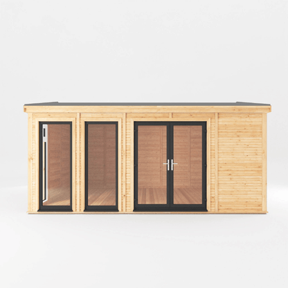 Wooden shed with glass doors on a white background