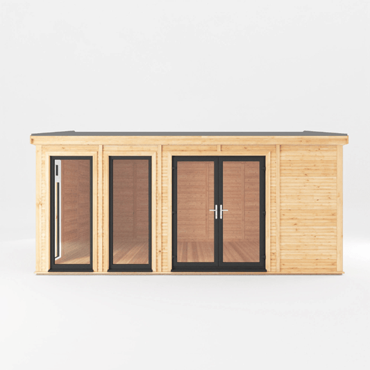 Wooden shed with glass doors on a white background