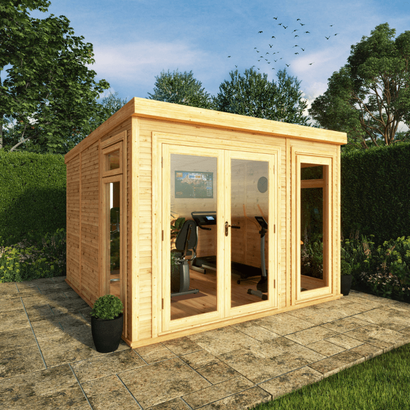 Wooden garden office with glass doors in a garden setting
