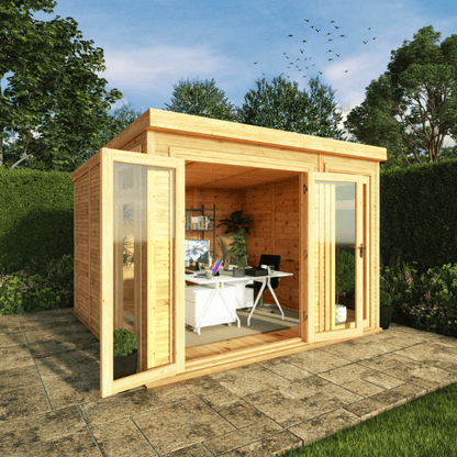 Wooden garden office with glass doors and windows, surrounded by greenery.