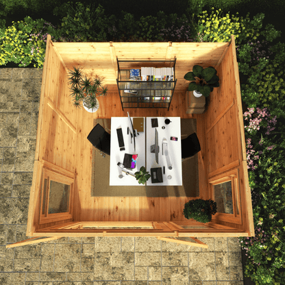 Top-down view of a wooden shed with office furniture and decor.