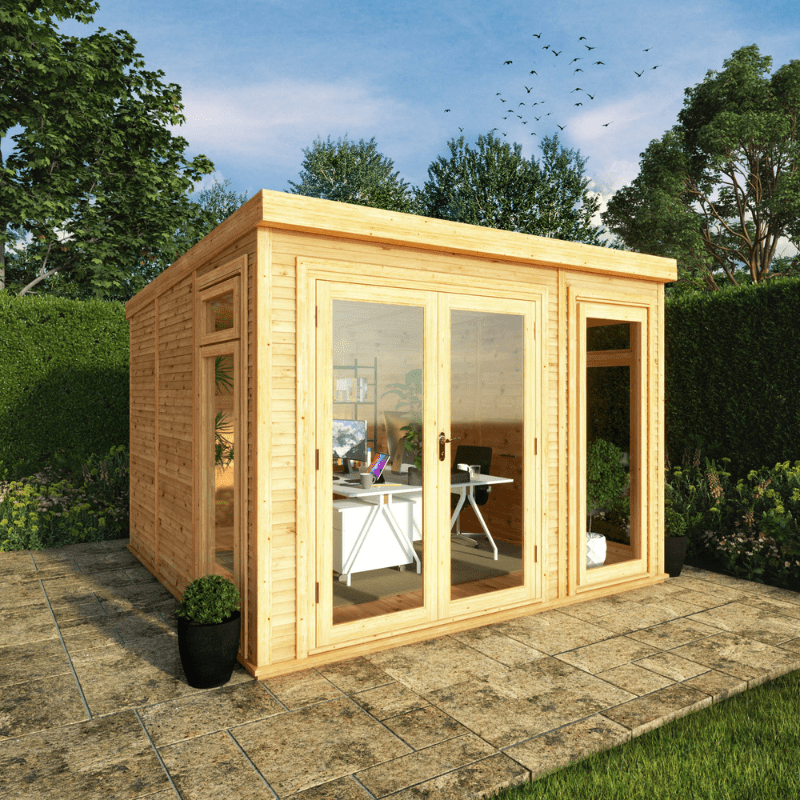 Wooden garden office with glass doors in a garden setting