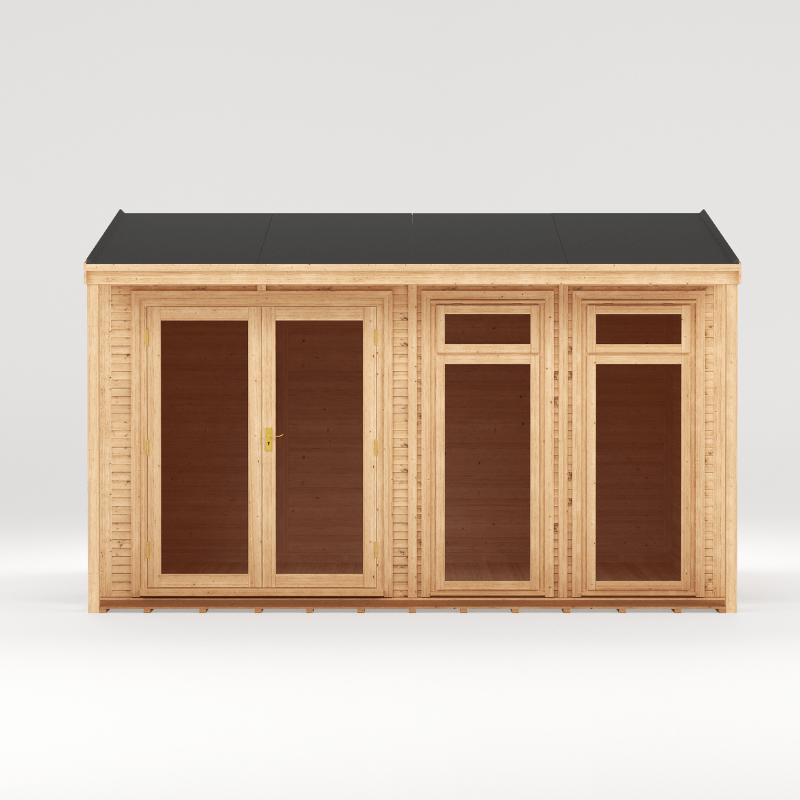 Wooden shed with a black roof on a white background