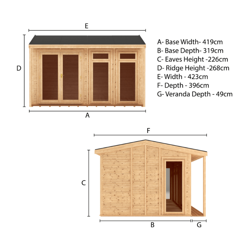 Dimensions of a wooden shed with labeled parts on a white background