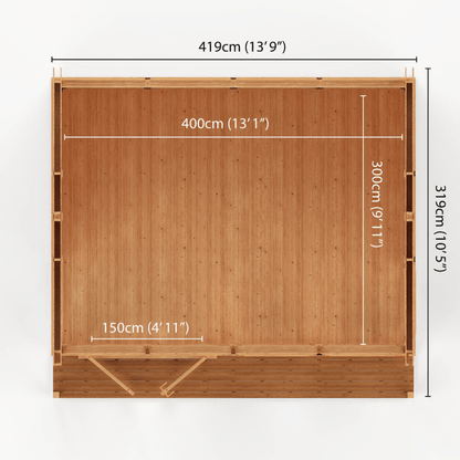 Wooden deck with dimensions labeled on a white background