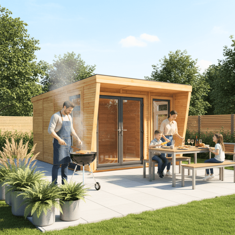Family enjoying outdoor activities in a backyard with a wooden cabin.