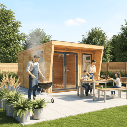 Family enjoying outdoor activities in a backyard with a wooden cabin.