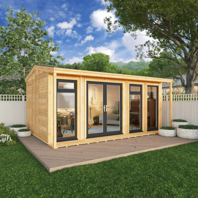 Wooden garden office with glass doors and windows, surrounded by greenery and a clear blue sky.