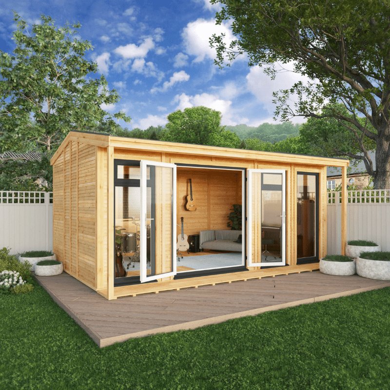 Wooden garden office with glass doors in a backyard setting