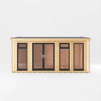 Wooden cabin with glass doors and windows on a white background