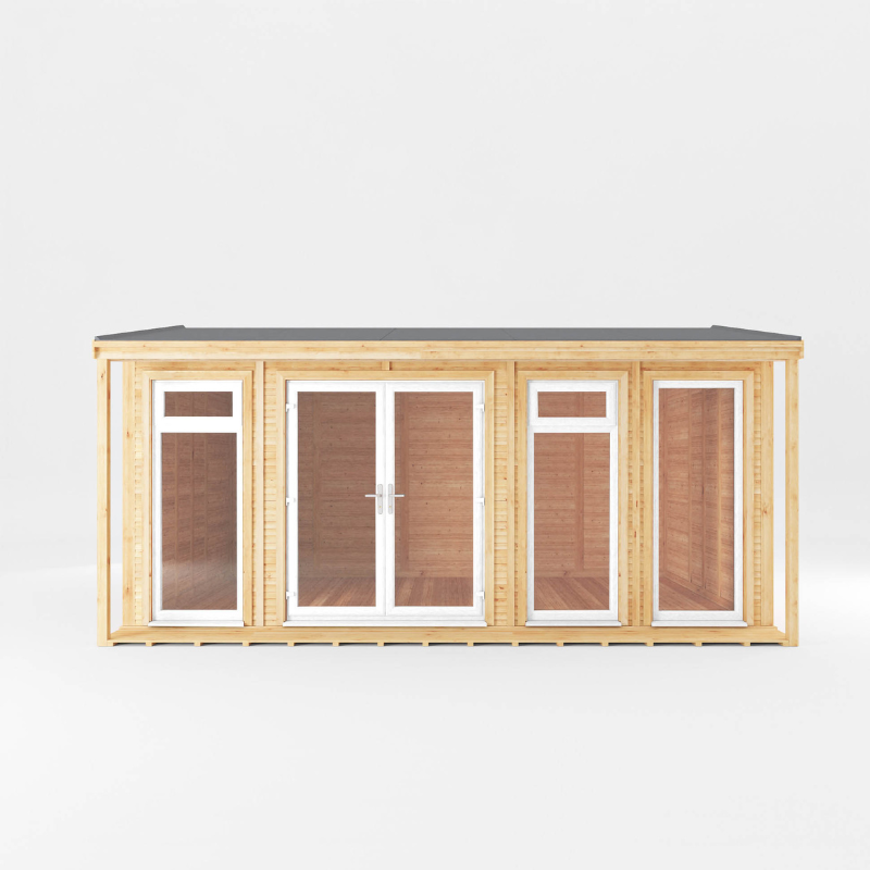 Wooden cabin with glass doors and windows on a white background