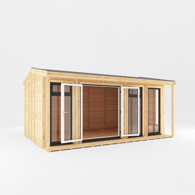 Wooden cabin with glass doors on a white background