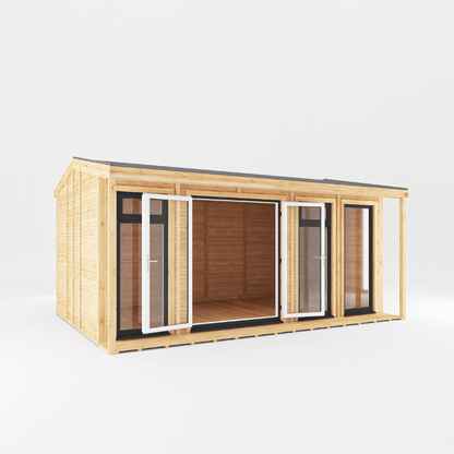 Wooden cabin with glass doors on a white background