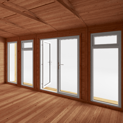 Wooden room with large windows and a wooden ceiling.