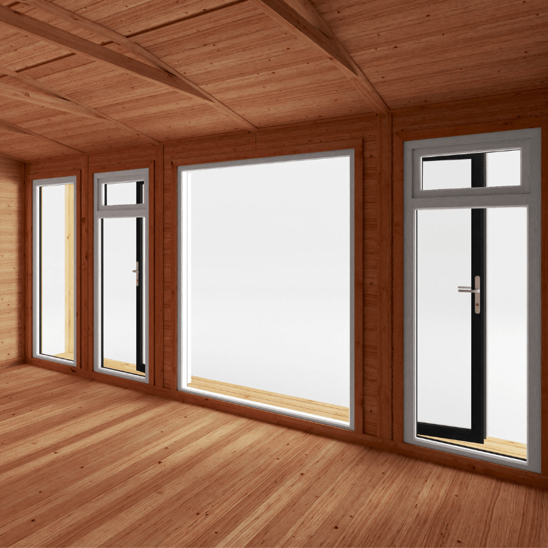 Wooden room with large windows and a wooden ceiling.