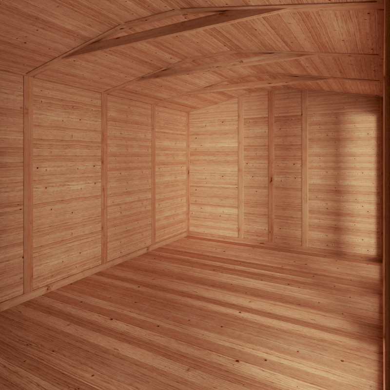 Wooden shed interior with a slanted roof
