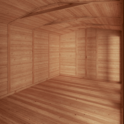 Wooden shed interior with a slanted roof