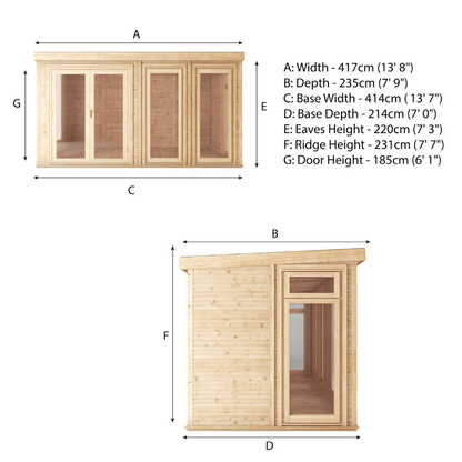 Dimensions of a wooden cabin with labeled measurements on a white background