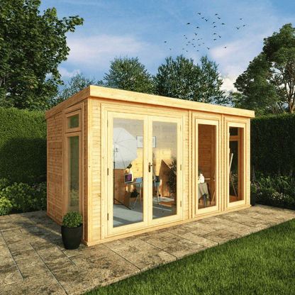 Wooden garden office with large glass doors in a garden setting