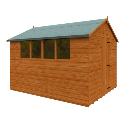 Wooden shed with a green roof on a white background